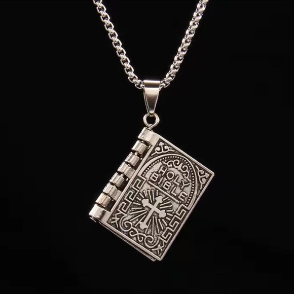 Bible Necklace 4 Pages Turnable Lords Prayer Pages 27” Box Chain Silver Tone - Picture 7 of 16